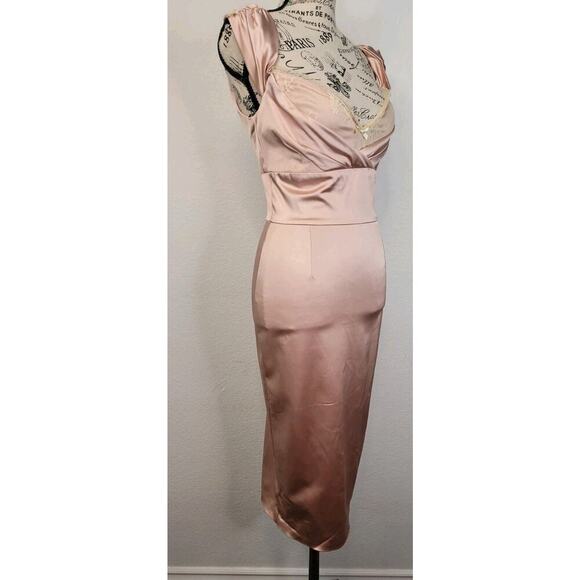 Diva Corsets Bodycon Midi Dress Sz Small Satin Blush Lace Trim Regencycore Fairy - Picture 4 of 10